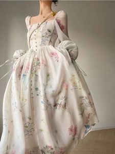 French Elegant Floral Midi Dress Chiffon Long Sleeve Evening Party Woman Beach Fairy Korean 2024 Spring 240403
