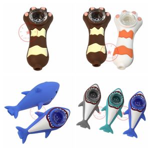 Latest Cat Paw Shark Fish Styles Colorful Silicone Pipes Removable Glass Nineholes Filter Screen Bowl Portable Herb Tobacco Cigarette Holder Smoking Handpipes