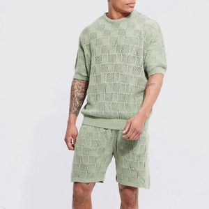 Fashion Men Outfit Set Summer Leisure Mens Knit Clothing Solid Hollow Out Casual Two Piece Suits T Shirt and Short Sets 240329