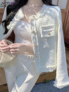 Jackets Tassel Women's White Single Breasted Tweed Woolen Coat Casual O-Neck Elegant Jacket Outwear Autumn Korean Women In Outerwears 231010