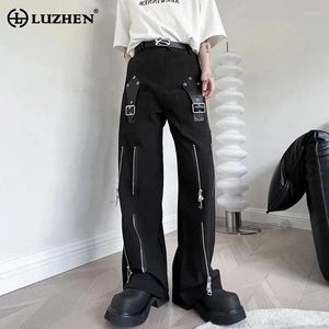 Erkekler Pantolon Luzhen 2024 Şık High Street Fermuar Deri Toka Birleştirme Tasarım Sıradan Erkekler Modaya Modeli Orijinal Düz Pantolonlar LZ2347