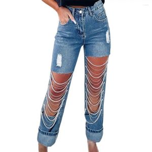 Kvinnors jeans streetwear kvinnor stora hål diamantkedja denim raka byxor frayed byxor dam tvättade retro stretch vårhöst