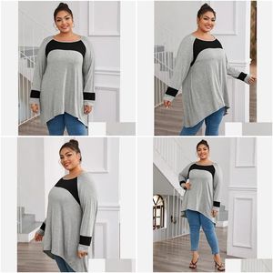 Kadın artı boyutu t-shirt üstleri asimetrik gündelik hi düşük bluz kadınlar uzun kollu siyah ve gri moda bahar sonbahar tunik 5xl 6xl 7 dh0rx