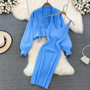 Work Dresses Women Elegant Knit Two Pieces Sets Sweater Batwing Long Sleeve Cardigan And Stretch Bodycone Dress Autumn Winter Pencil