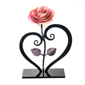 Decorative Flowers BEAU-Iron Metal Rose Ornaments With Heart-Shaped Bracket Valentine's Day Unique Gift For Girlfriend