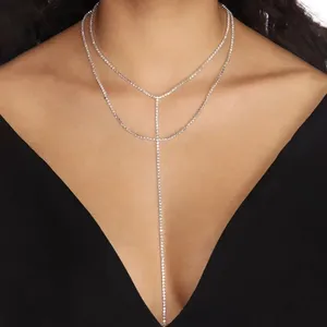 Correntes moda moda longa tamel y forma de gargantilha com colar de strass para mulheres corpo de jóias de duas camadas