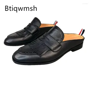 Dress Shoes Black Tassel Slippers Man Round Toe Soft Real Leather Flats Male Fashion Loafer