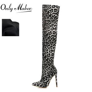 Boots OnlyMaker Mulheres zíper apontou saltos magros sobre as botas de joelho Fashion Fashion Winter Ladies Leopard Print Party Dress Shoes