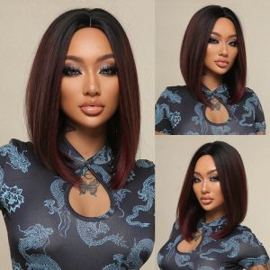 Wigs Chestnut Brown Synthetic Wigs Short Bob Wigs Wine Red Highlights Straight Wig Heat Resistant For Black Women Party Cosplay Hair