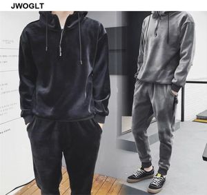 Jesienne zimowe miękkie ciepłe mężczyzn Velor Tracksuit koreański mody Gold Velvet Track Suit Bluzy z kapturem i spodnie do jogger 2 strój 29573004