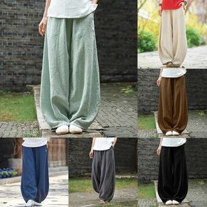 Kvinnor byxor bomullslinne byxor sommar kvinnor rakt flödande fast färg elastisk midja bred ben vintage palazzo pantaloner