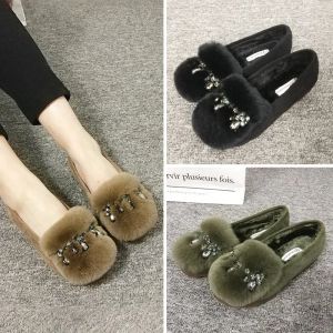 Loafers Tavşan Saç Kürk Ayakkabı Kış Kadın Peluş Daireler Crystal Rhinestone Kürklü Sıradan Sürüngenler Loafers Marka Kore Yuvarlak Toe Ayakkabı