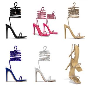 Summer High Heels Sandals Women Rhinestone String Bead Ankle Snake Twine Around Wedding Shoes Lady Gladiator Sandals Woman Pumps Evening Designer