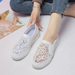 Mesh 668 Summer White 2024 koronkowe kobiety swobodne buty trampki oddychające puste płaskie mokasyny Slipon Wysokość wzrostu 5