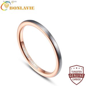 Cluster Rings BONALVIE 2mm Wide Surface Brush Inner Ring Rose Gold Colored Tungsten Steel Ring Promise Anel Masculino Tungsten Carbide Ring L240402
