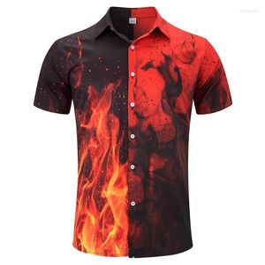 Camisas casuais masculinas masculam a praia da praia 3D Novelty Fire Fire Graphic Hawaiian Tee para homens de manga curta Holida de verão Funny Tops