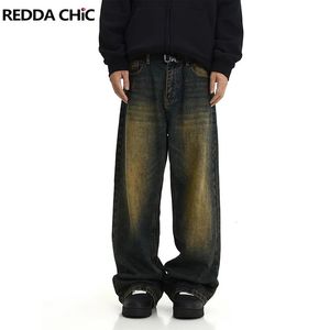 Reddachic Plus Size Green Wash Jeans Men AdcustWaist Wide Leg Casual Pants Vintage Y2KズボンバイカーMoto Streetwear 240323