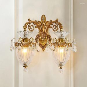 Lâmpada de parede estilo europeu todo cobre sala de estar cristal francês quarto fundo escada de cabeceira