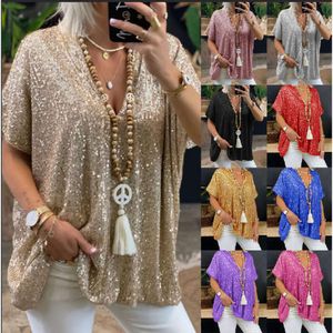 2024 New Short Sleeved Urban Casual Color Loose Fitting Pullover Sequin V-neck T-shirt Top for Women