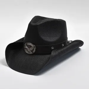 Berets Men vintage Western Cowboy Hat Handgjorda halmvävning Beach Sun Gentleman Cowgirl Jazz Sombrero Hombre