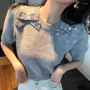 Women's T Shirts Women Sweet Beading Bow Knit Short Sleeve T-Shirt Black White Bubble Sleeved Round Neck Slim Fit Tops 2024 Summer