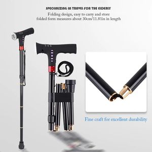 Justerbar vikning med larm LED-lätta radio och dämpningsbar T-handtag vandringsstänger Cane Walking Stick för äldste Crutch240328