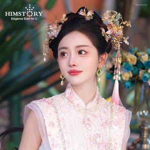 Saç klipleri Himstory Vintage Çin Pembe Sıvı Çiçek Saçkop Hanfu Saç Geleneksel Gelin Elbise Düğün Aksesuarları