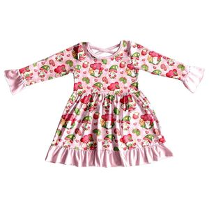 Christmas style girls dress with long sleeves extended skirt and knee length pink pattern printed milk silk fabric 240403