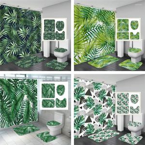 Shower Curtains Bathroom Curtain Green Tropical Plant Leaves Bamboo Printed For Bath Anti-Slip Mat Sets Toilet Cover Kitchen Carpet