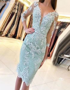 2021 Suknie koktajlowe trzy ćwierć rękawie vneck mennica elegancka elegancka sukienki imprezowe koronkowe aplikacje z koralikami krótkie koksel 5039224