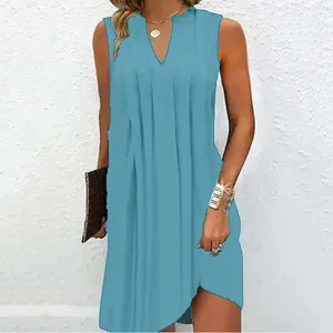 Casual Dresses Womens V Neck Dress Pleated Sleeveless Tank Top Solid Elegant Summer for Women Plus Size Spaghetti Comfy