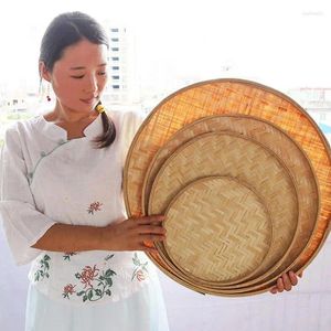 Decorative Figurines Handmade Weaving Bamboo Sieve Raft Round Dustpan Storage Tray Kitchen Rattan Wicker Bread Fruit TrayBasket