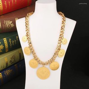 Pendant Necklaces Dicai-18K Gold Plated Long Necklace Large Coin Turkish Flower Link Thick Chain Wedding Jewelry Ladies Accessories