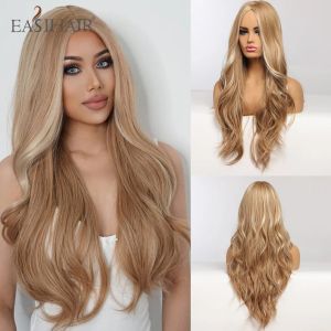 EASIHAIR Golden Highlight Blonde Long Wavy Synthetic Wigs Middle Part Natural Hairs for Women Daily Party Heat Resistant Fibers