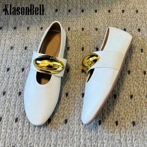 Casual Shoes 3.27 Klasonbell 2024 Ballet Flats Women Fashion Metal Stretch Strap Decoration äkta läder Mary Janes Pumps