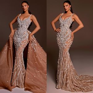 Vintage crystal mermaid Evening Dresses elegant with detachable train beaded pearls Formal occasions Prom Dress straps Dresses for special occasion robe de soiree