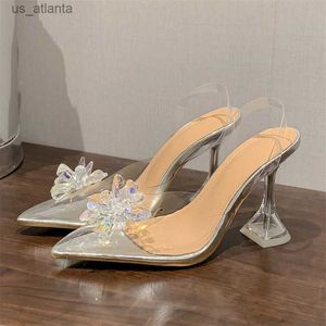 Klänningskor Fashion Flower Crystal Designer Kvinnor Pumpar PVC Transparent High Heels Sandaler Sexig Point Toe Party Prom H240403LDPE