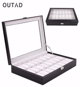 OUTAD CASKET 24 GRID Watch Box Glass Black Leather Wristwatch Storage Case Organizer Classical Holder Pillow8142465