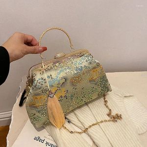 Drawstring kinesisk stil Hanfu Evening Bag For Women Vintage Print Tassel Clutches Metal Handle Handväskor Bröllopsfestkedja axel