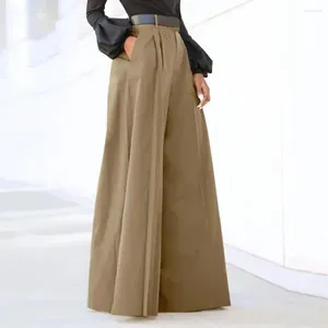 Kvinnors byxor veckad design elegant hög midja bred ben med fickor för kvinnor fast färg blossade byxor arbetskläder pendling