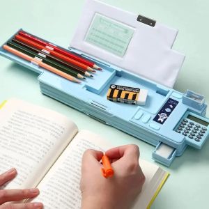 Casos Caixa criativa de papelaria plástica multifuncional para estudantes de escola primária Doublesidididid Letel Calculator Sharpner