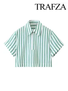 Bluzki damskie Trafza Spring Fashion Woman Causal Shirt Green Stripes Downown Kołnierz krótkie rękawy Single Beded Kobiet Slim Chic