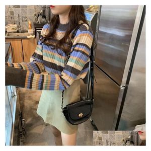 Work Dresses Korean Tops Woman Sweater 2 Piece Set Women Top Striped Plover Pu Leather Skirt A-Line Suit Pl Femme Hiver Lxr1137 Drop D Dhujs