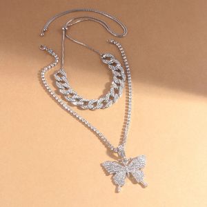 Big Butterfly Pendant Necklace Set Iced Out Rhinestone Hip Hop Necklace For Women Bling Cuban Link Chain Choker Jewelry