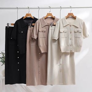 Elegant Short Sleeve Knit Blazer Women Suit Summer Vintage Knitted Two Piece Set 2 Skirt and 240329