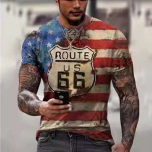 Летний новый маршрут 66 3D Digital Print Street Hip Hop Style Slim Fit Pellover Мужская футболка