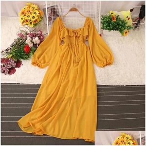 Grundlegende lässige Kleider Frühling Autumn Puffles Seaside Holiday Beach Kleid Frauen elegante große Hem Chiffon Lady High Taille Krawatte Long ve dhw76