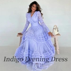 Sukienki imprezowe Indigo Tiul PROM przeciwko szyi długie rękawy długość podłogi Linia Kobieta Formalna elegancka suknia 2024 Vestidos de Gala