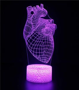 Organ Heart Night Light 3D Illusion Lambası Üç Desen ve 7 Renk Değişimi LED Gece Işığı BO1636550 için Çocuk Hediyesi için Uzaktan Kumanda