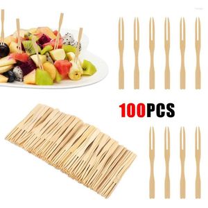 Forks 100PCS Bamboo Disposable Wooden Fruit Fork Dessert Cocktail Suit Party Home Decoration Household Tableware Supplies